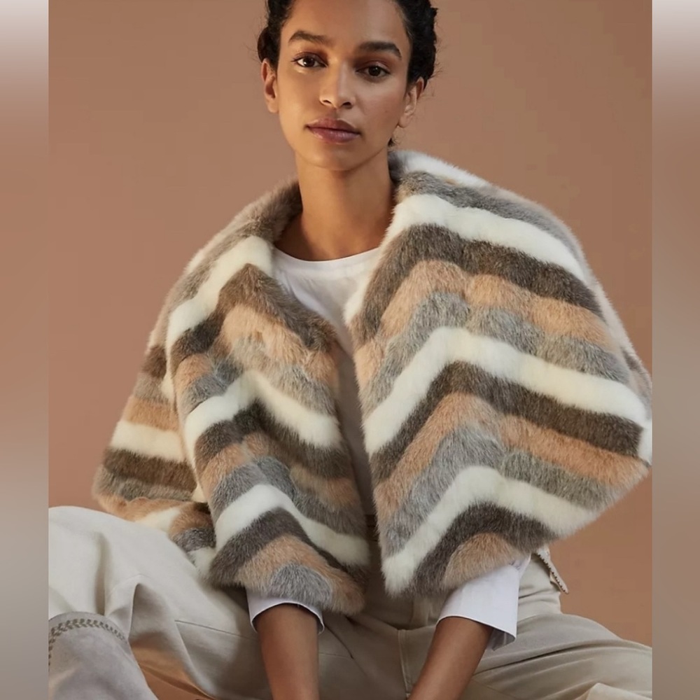 Anthropologie Fluffy Chevron fur  - taupe, grey, cream